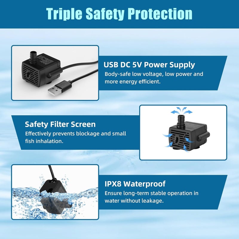 DATOO مضخة مياه USB 5V DC لحوض السمك 3W مضخة مياه غاطسة صغيرة مع أنابيب ووظيفة ضبط التدفق مضخة نافورة صغيرة لنافورة الحيوانات الأليفة حوض السمك الزراعة المائية نافورة سطح المكتب 190 لتر/ساعة - Image 4